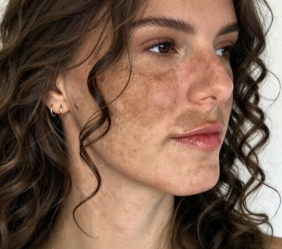 Woman with melasma: brown patches across the cheeks, nose and upper lip